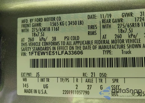 2020 Ford F150 Xlt из США, поврежденный, VIN 1FTEW1E51LFA33606